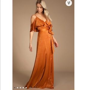 NWT Lulus Moriah Rust Satin Wrap Maxi Dress